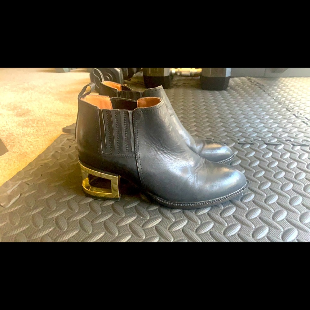 Jeffrey Campbell Black Leather Ankle Booties with Gold Open Style Heels